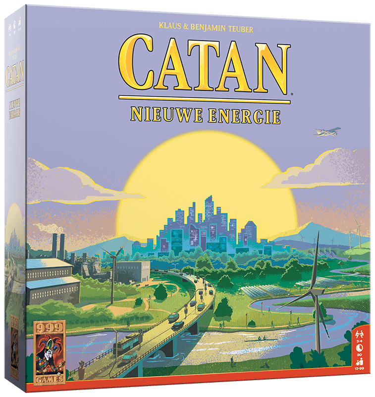 Catan: Nieuwe Energie board game box featuring renewable energy themes and vibrant artwork.