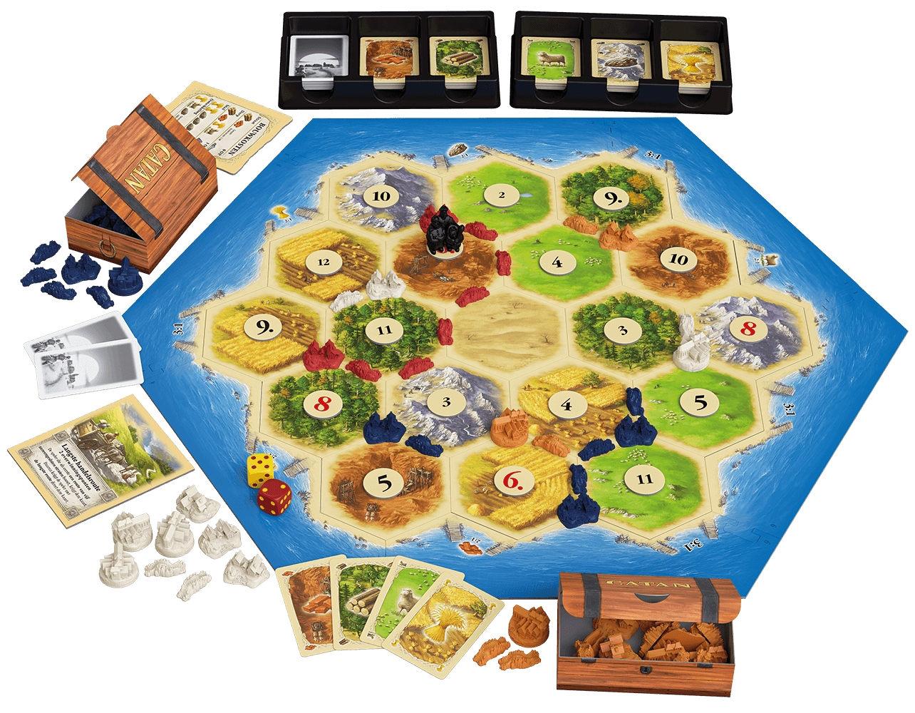 Catan board game setup featuring resource cards, settlements, and hexagonal tiles for strategic gameplay.