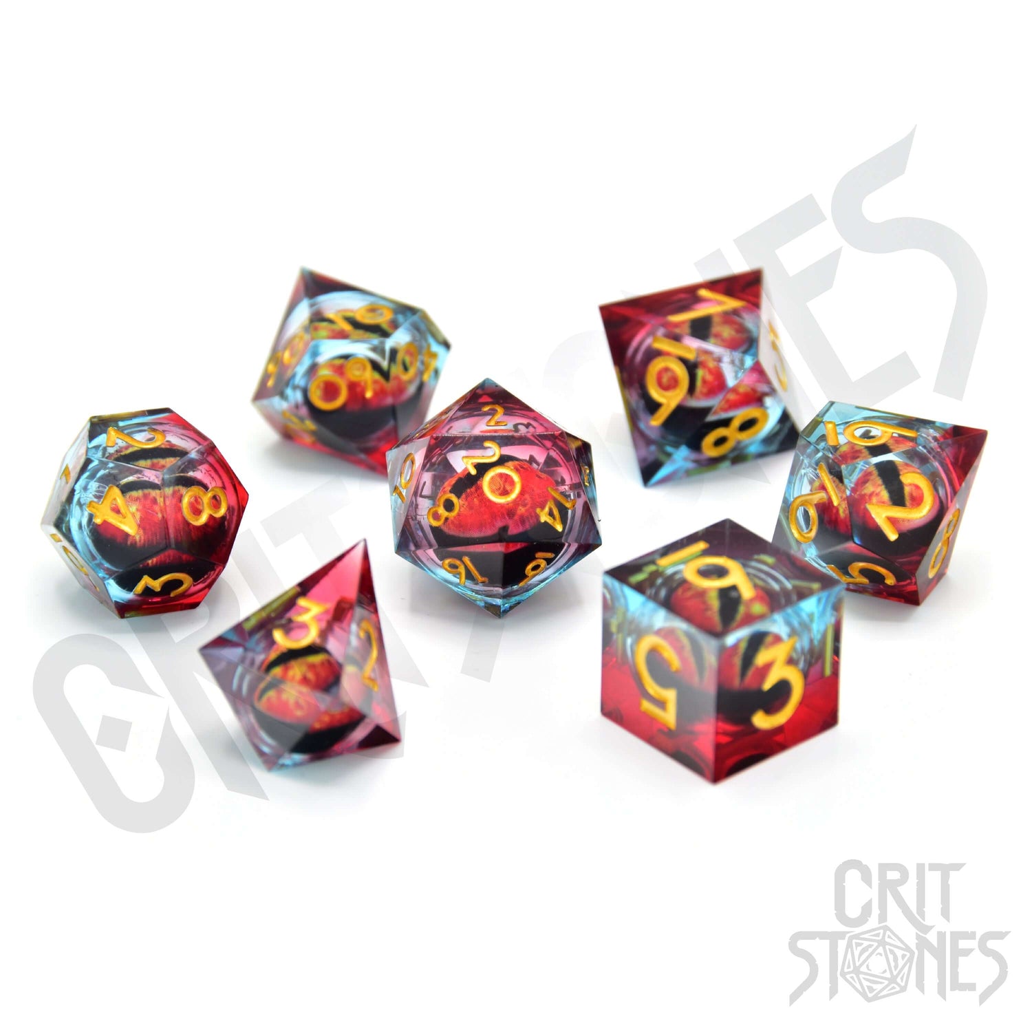 Chromatic Dragon's Gaze RPG dice set featuring red and blue resin with moving eyes, perfect for tabletop gaming.