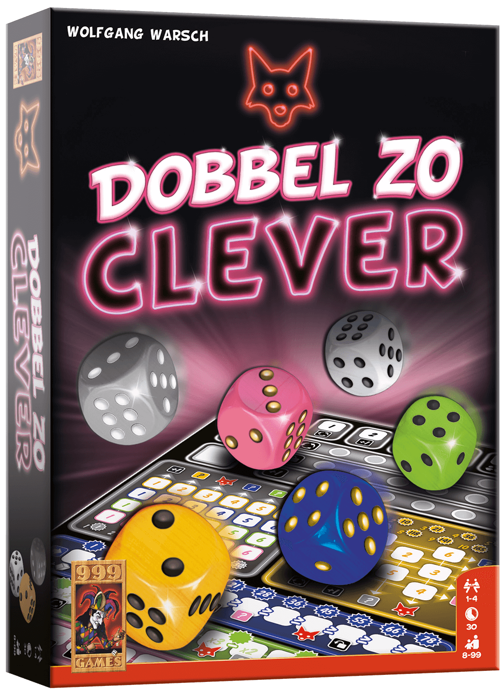 Dobbel zo Clever board game box featuring colorful dice and a tactical score sheet.