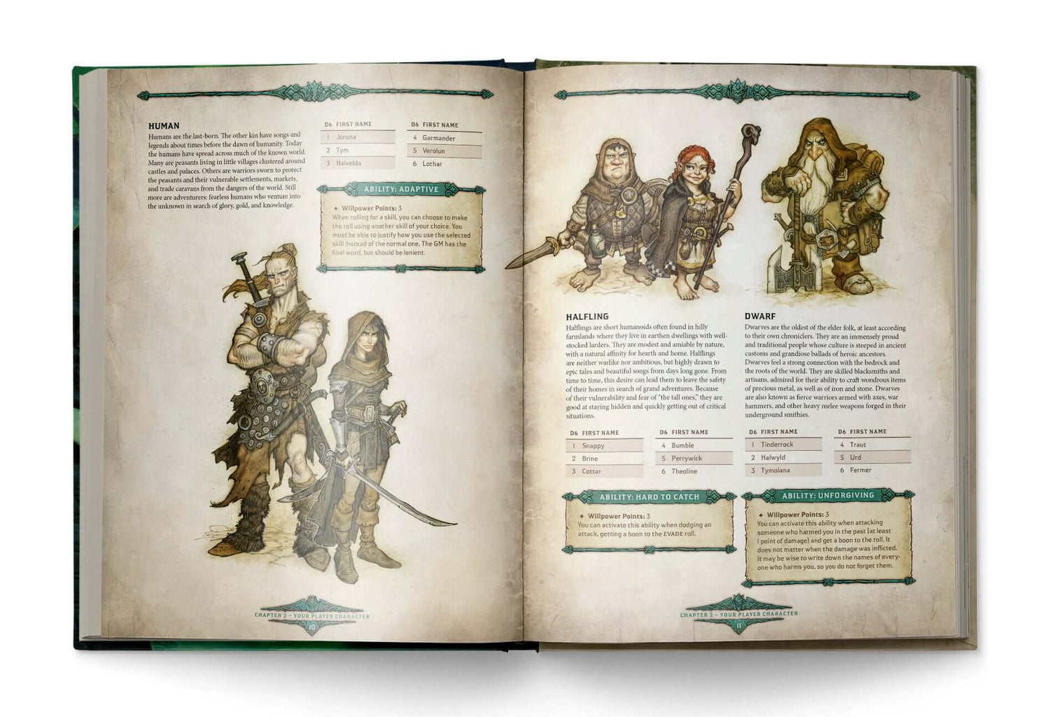Dragonbane RPG rulebook pages illustrating character options and descriptions in a modern fantasy setting.