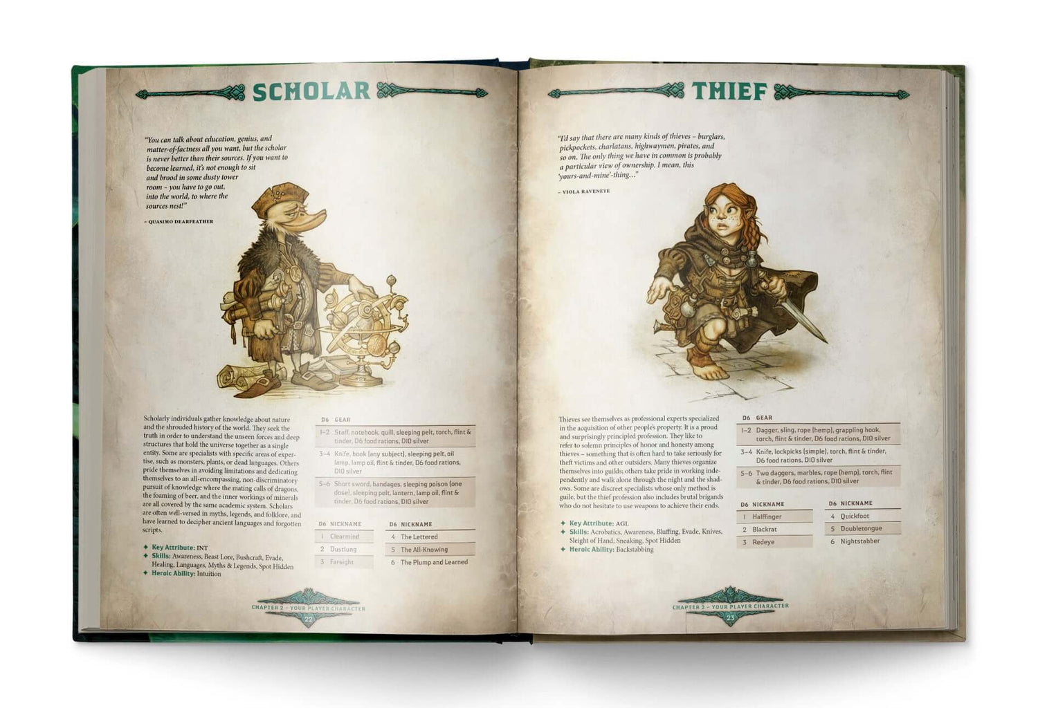 Dragonbane RPG rulebook pages showing Scholar and Thief character profiles with illustrations and stats.
