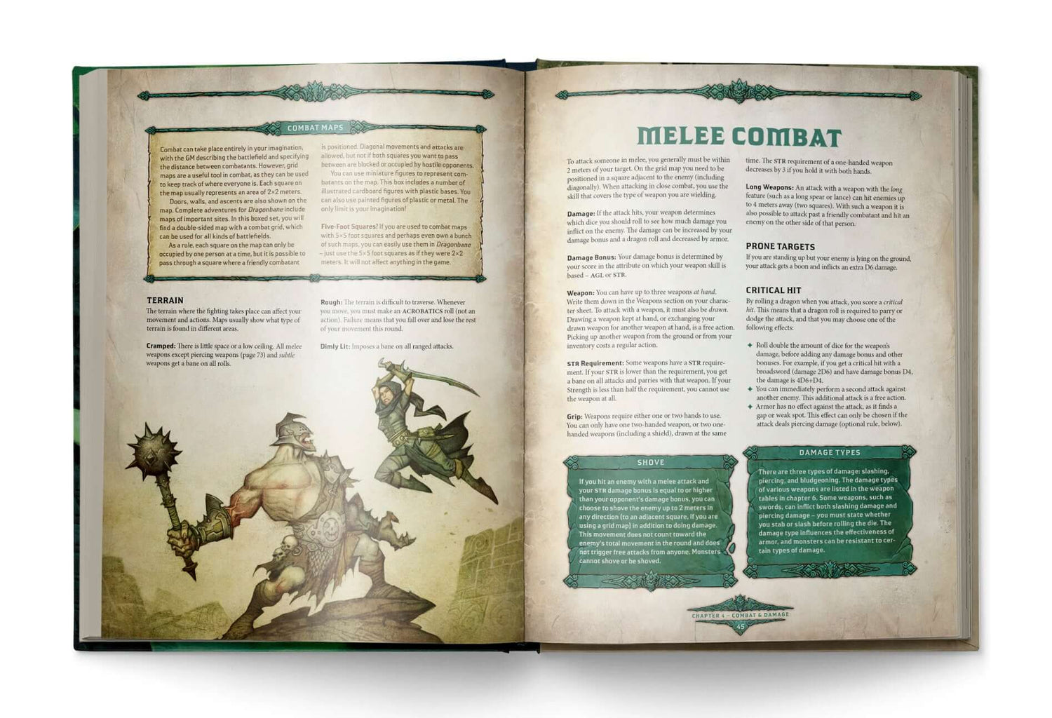 Open page of Dragonbane RPG Rulebook displaying melee combat rules and illustrations of characters.