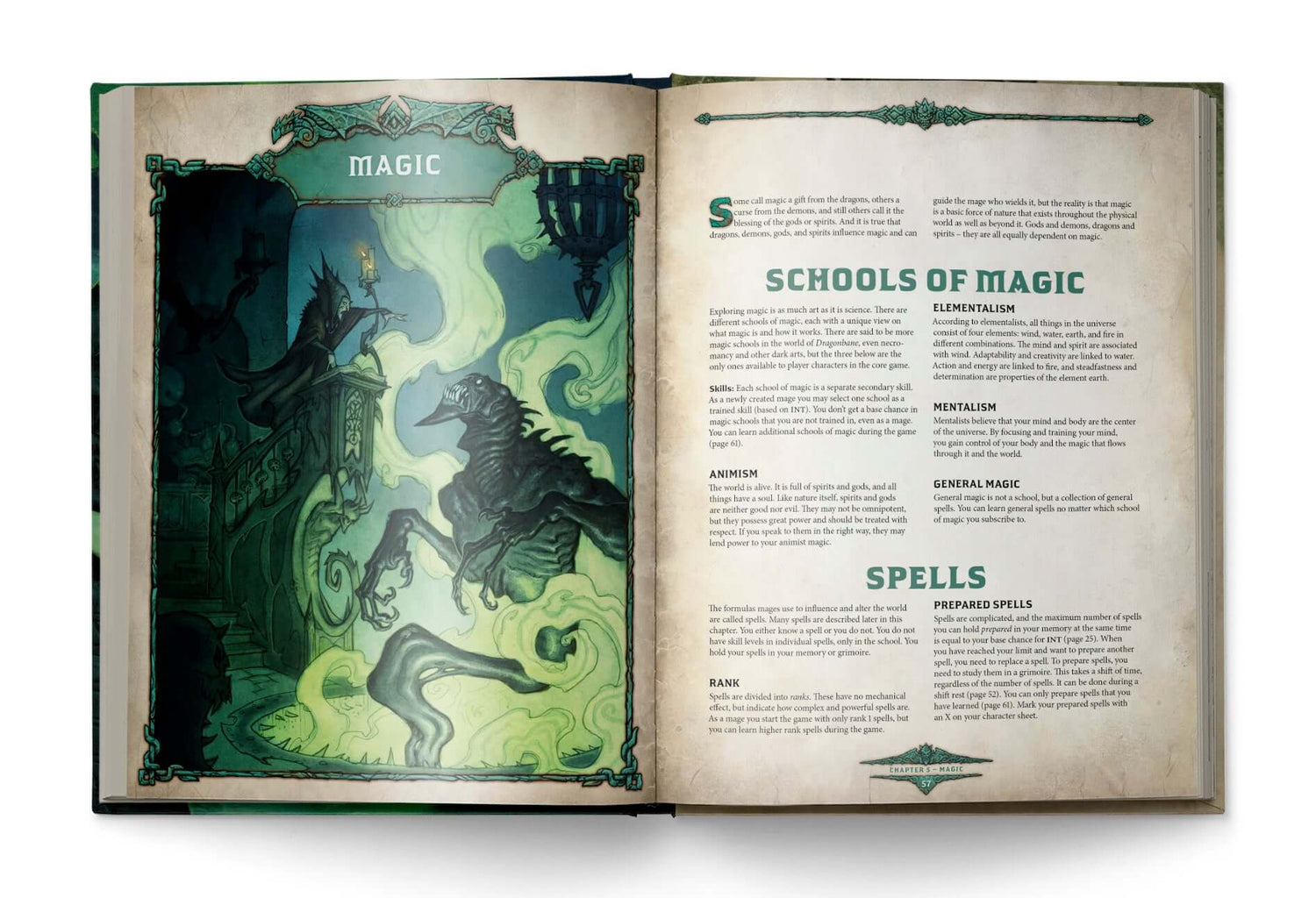 Open page of Dragonbane rulebook showcasing 'Magic' section with illustrations and spells.
