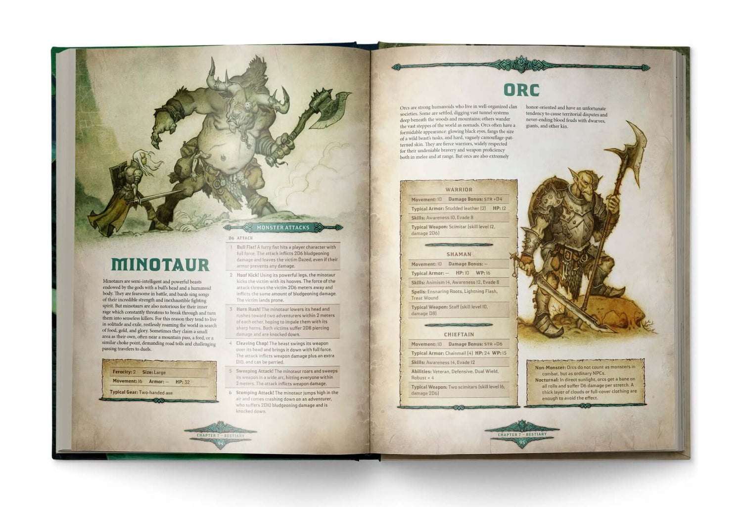 Dragonbane RPG Rulebook pages showing Minotaur and Orc character stats and illustrations.