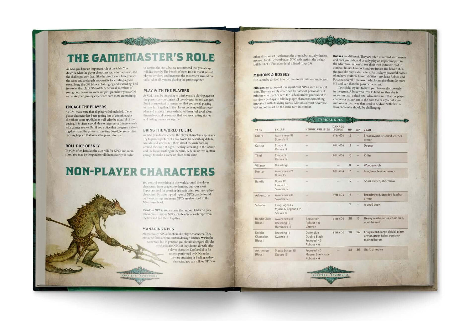 Open pages of the Dragonbane RPG rulebook showcasing the Gamemaster's role and non-player characters.