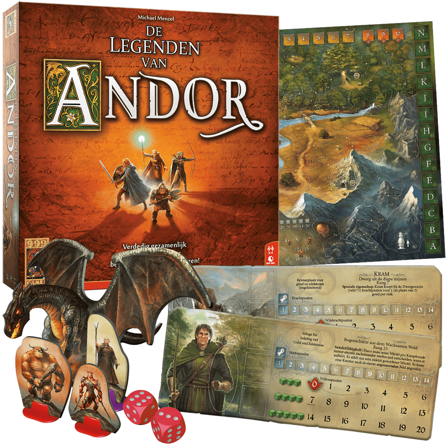 De Legenden van Andor bordspel met helden, kaarten en accessoires voor coöperatieve avonturen.