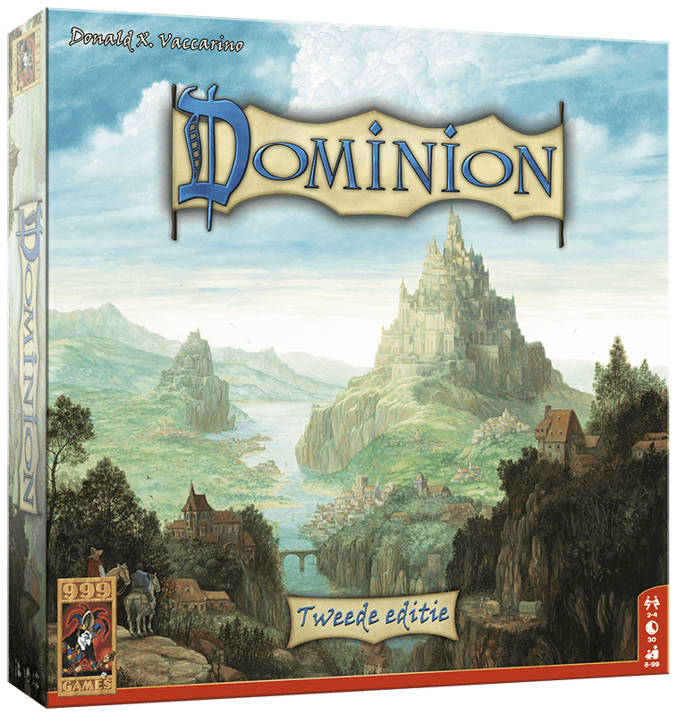 Dominion basisspel doos, strategisch deck-building spel met diverse kaarten en eindeloze spelvariatie.