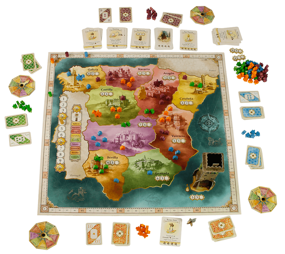 El Grande board game with map of medieval Spain, caballeros, player cards, and scoring tokens for strategic play.