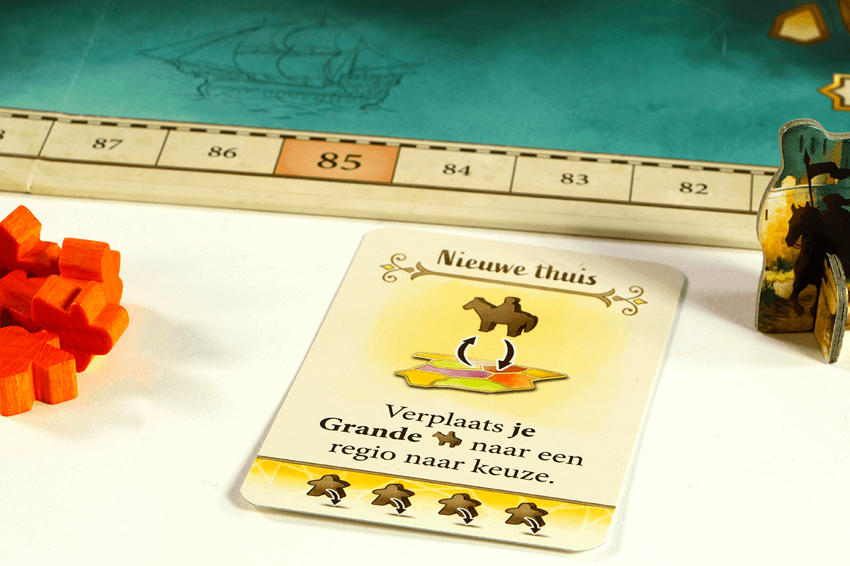 Spelkaart 'Nieuwe thuis' voor El Grande, met caballeros en punten, strategisch bordspel in middeleeuws Spanje.