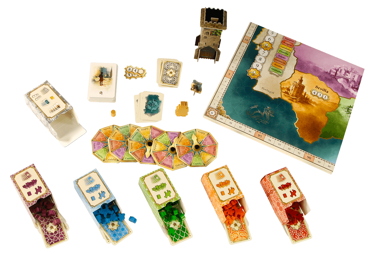 El Grande board game components including cards, tokens, and game board for strategic area control gameplay.