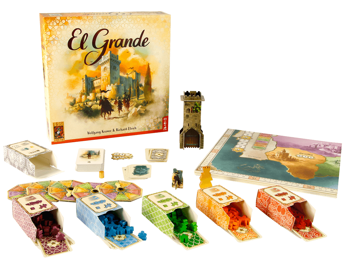El Grande board game box and components including colorful caballeros and game board for strategic play.