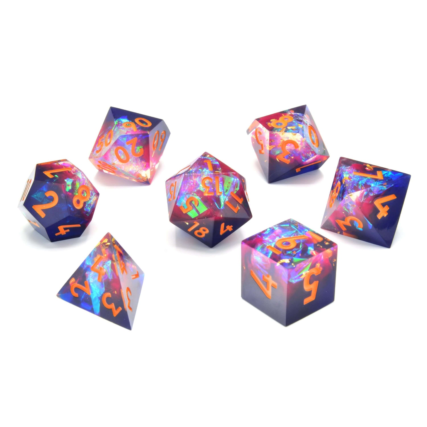 Galactic Ember resin RPG dice set featuring deep blue, purple, and vibrant orange numbers for cosmic adventures.