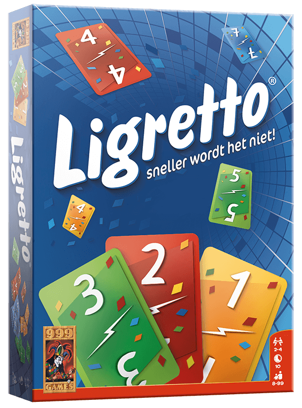 Ligretto kaartspel in blauwe doos met kleurrijke kaarten voor 1-4 spelers, snel en strategisch spelplezier.