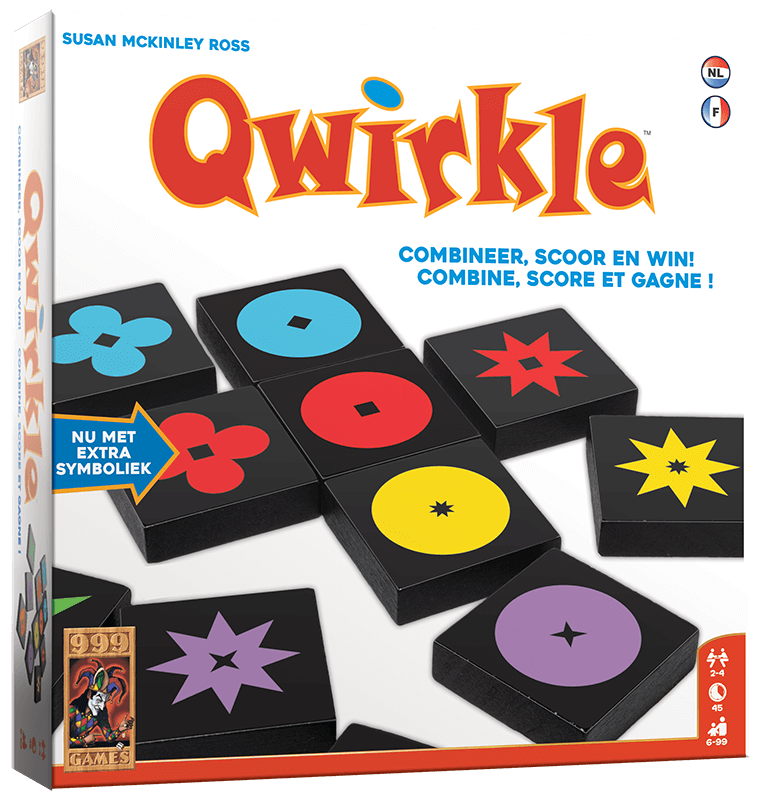 Qwirkle game box featuring colorful tiles for creating patterns and scoring points in an abstract strategy game.