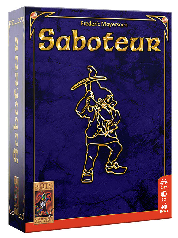 Box of Saboteur 20 Jaar Jubileum Editie, a special anniversary card game featuring miners and saboteurs.