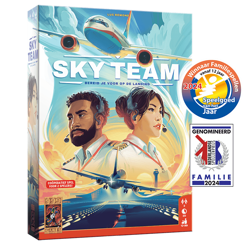Sky Team coöperatief dobbelspel voor 2 spelers, met prijzen en strategische gameplay om samen te landen.