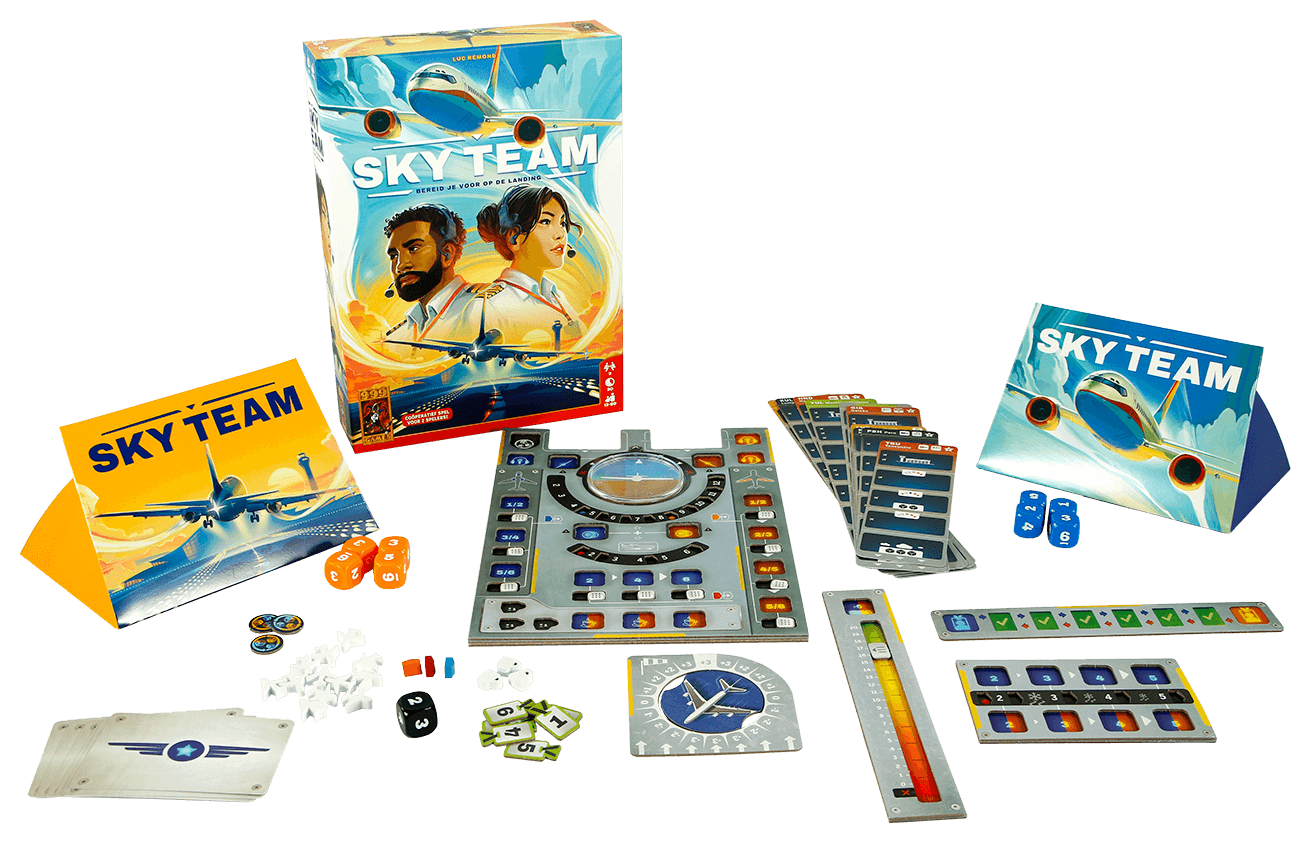 Sky Team cooperative board game components, featuring dice, player boards, and airplane-themed box.
