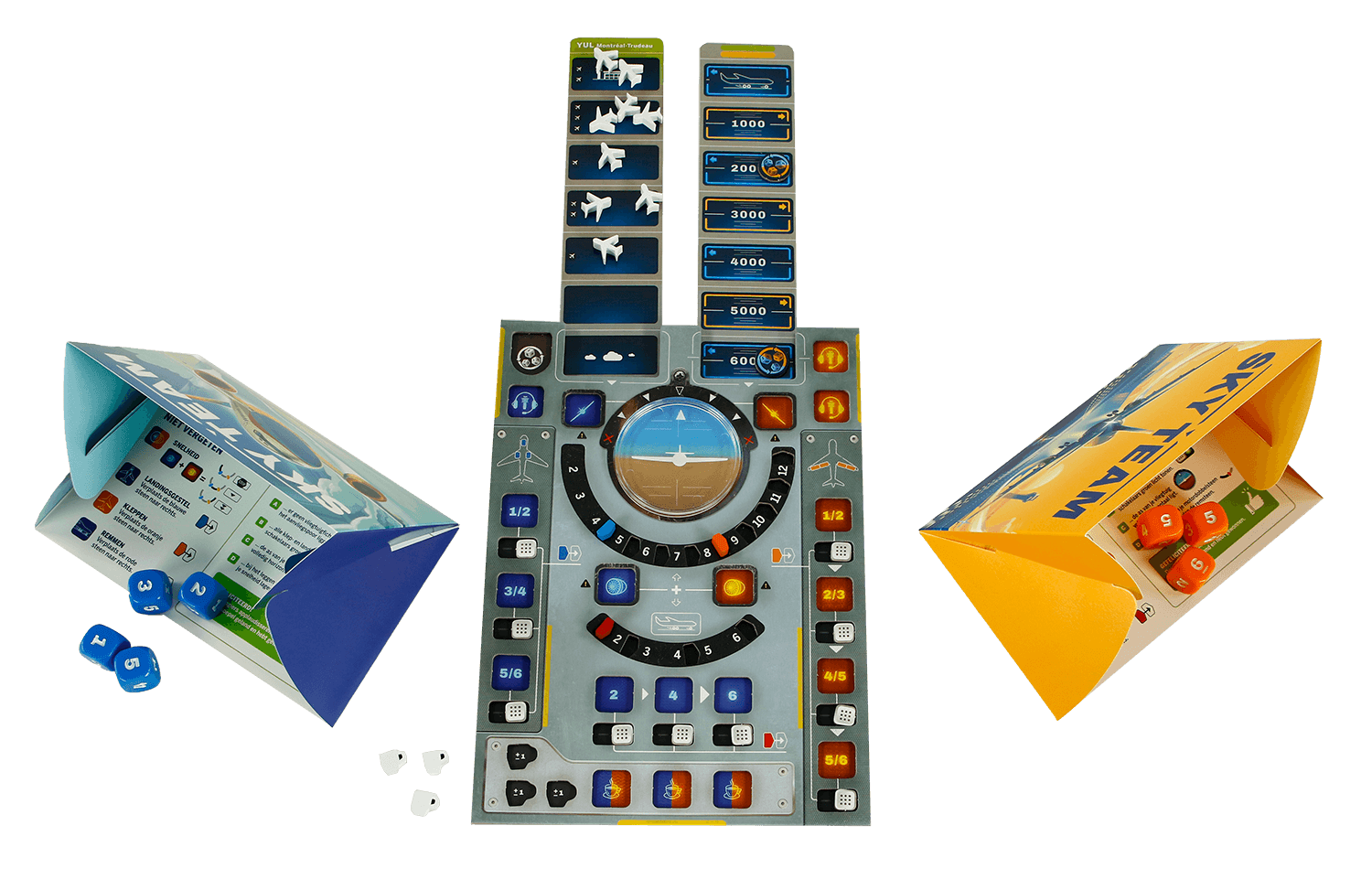 Sky Team cooperative dice game components with airplane controls, dice, and strategic planning boards.