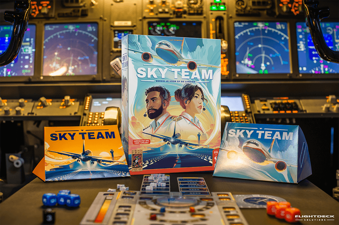 Sky Team cooperative board game in cockpit setting, featuring pilot and co-pilot character designs, game components visible.