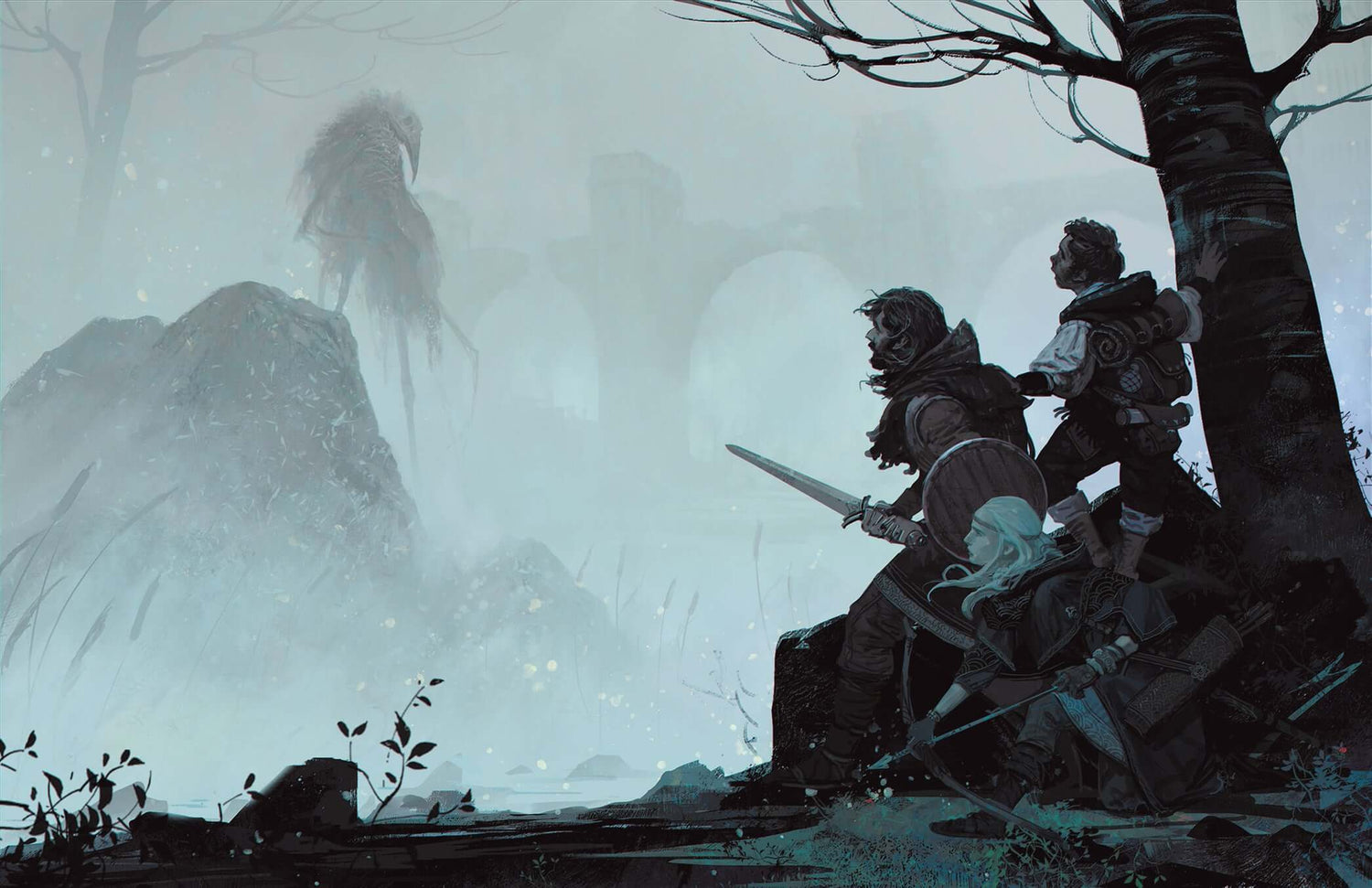 Adventurers facing a mysterious entity near ancient ruins in a foggy landscape for The One Ring RPG expansion.
