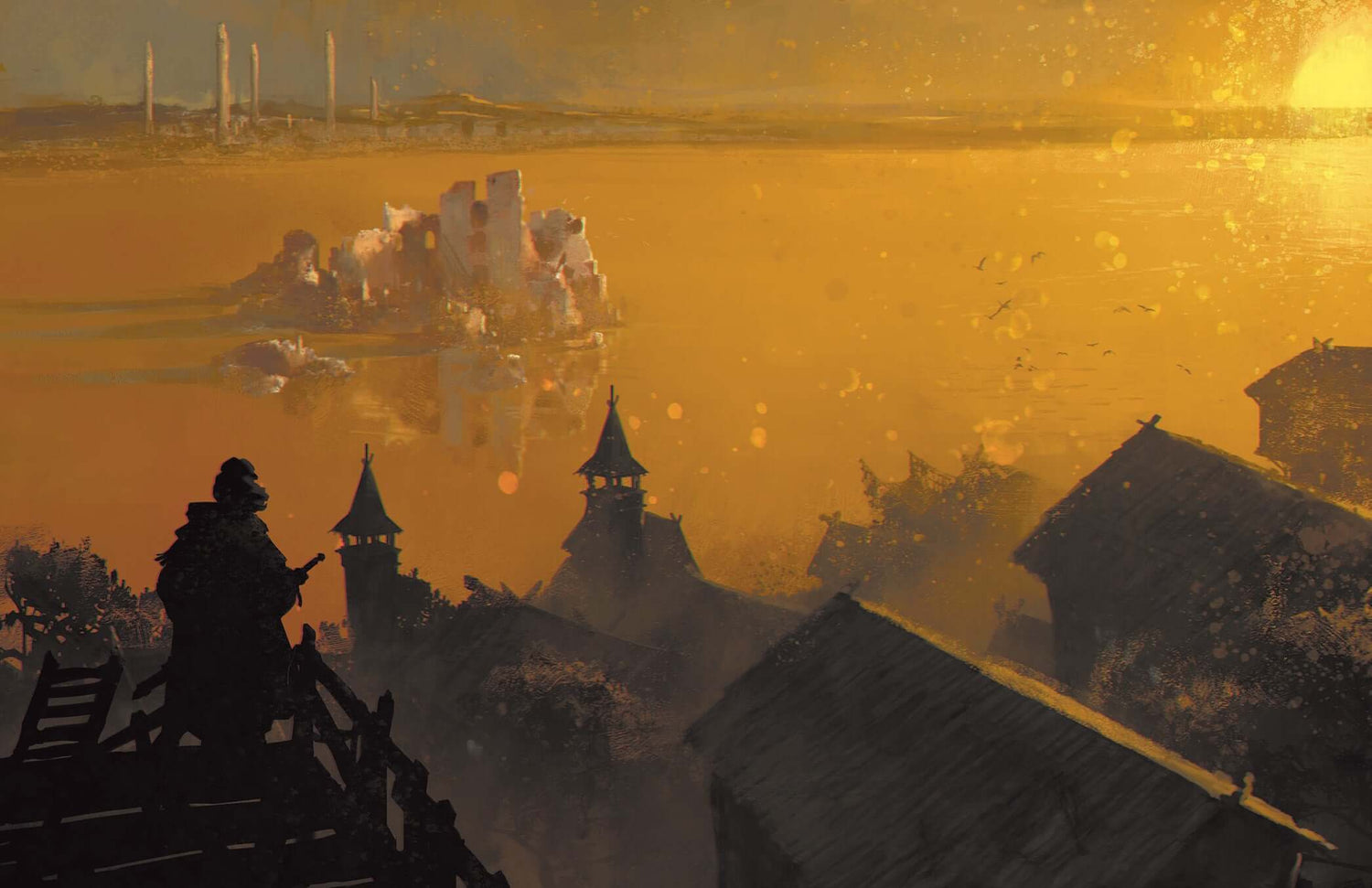 A silhouetted figure overlooking a misty landscape at sunset, with ruins and distant towers reflecting on the water.