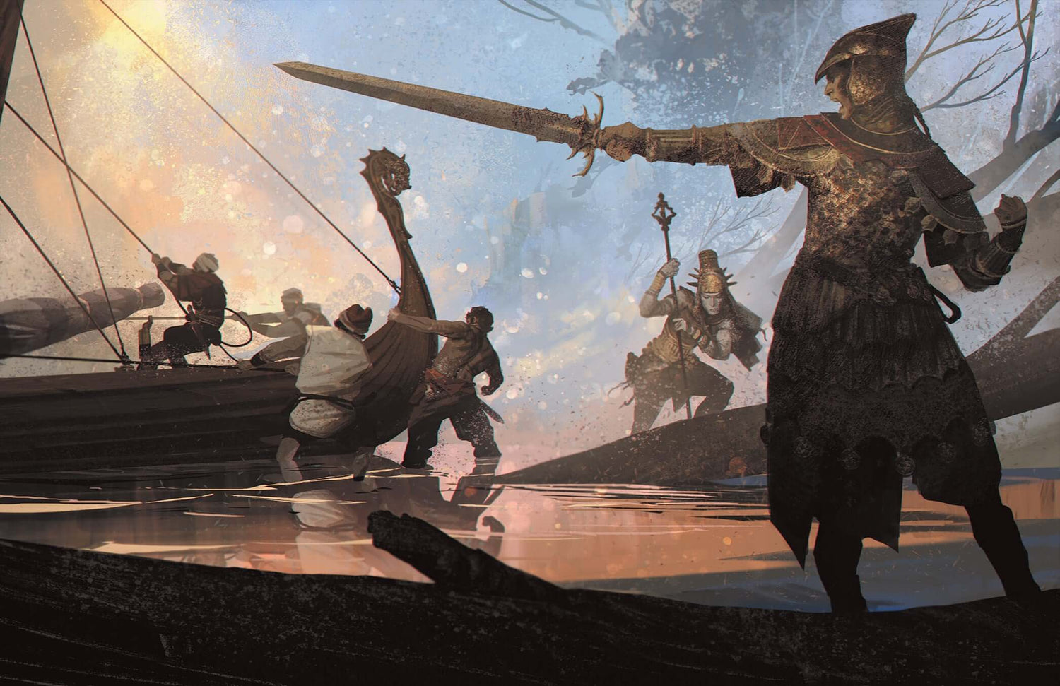 Fantasy scene of warriors battling near a ship on a mystical river, showcasing adventure and combat in a fictional realm.