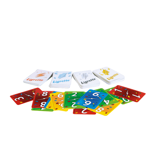 Ligretto blue card game set with colored cards for 1 to 4 players, perfect for fast-paced gameplay.