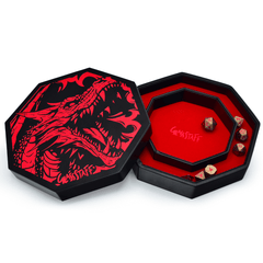 Premium GlassStaff Dice Arena featuring a dragon design, showcasing space for up to 14 dice sets in a stylish octagonal case.