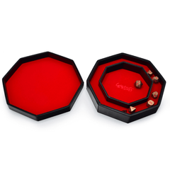 Premium GlassStaff Dice Arena featuring red felt interior, designed to hold up to 14 dice sets securely.