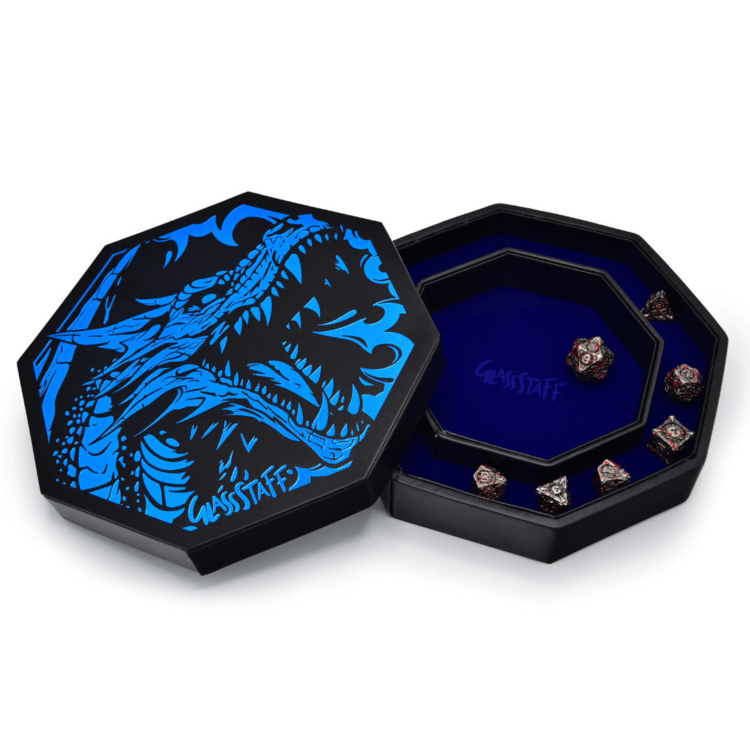 Premium GlassStaff Dice Arena with blue dragon artwork, featuring space for 14 dice sets, elegantly designed packaging.