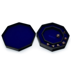 Premium GlassStaff Dice Arena featuring an octagonal design and space for multiple dice sets, with vibrant blue interior.