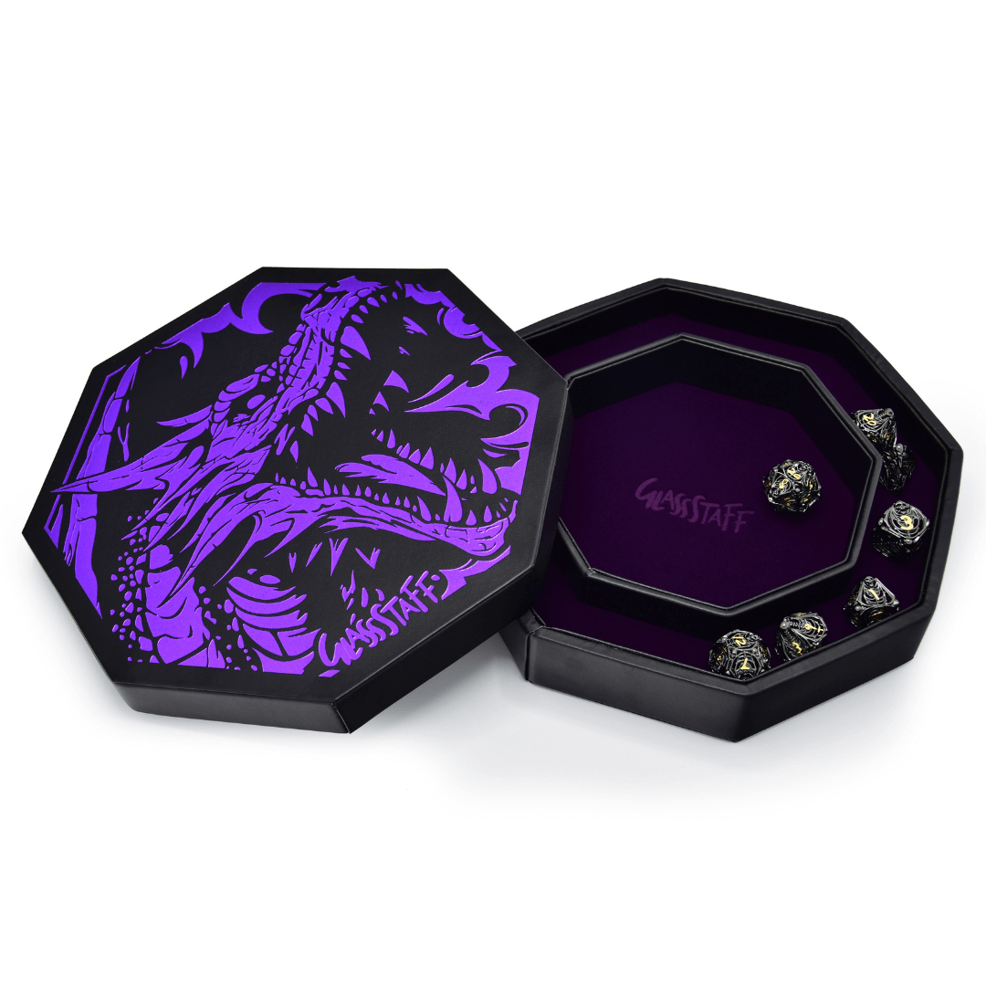 Premium GlassStaff Dice Arena featuring a dragon design, securely holding multiple dice sets with a striking purple interior.