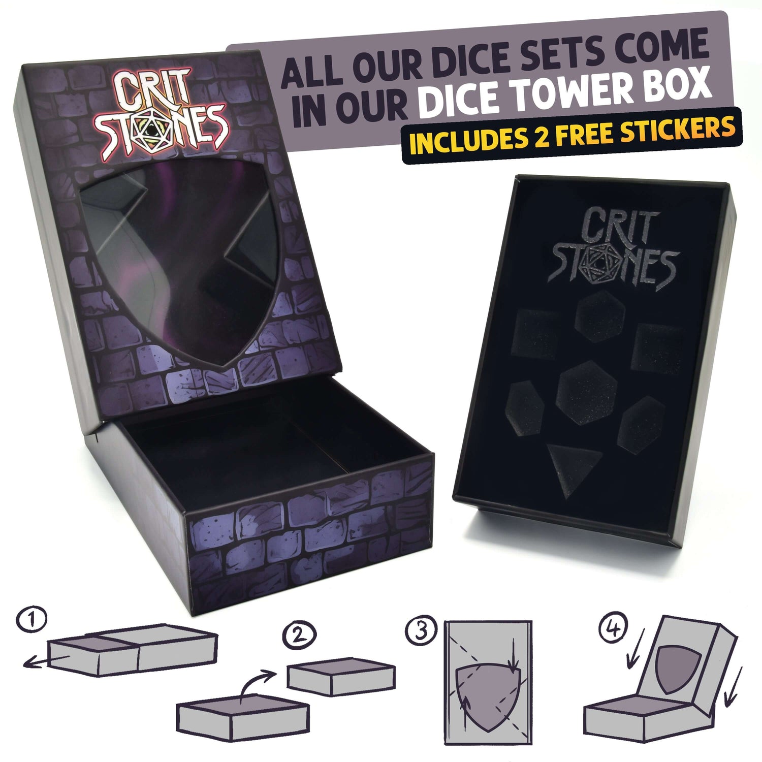 Crit Stones dice tower box showcasing a black design, including symbols and two free stickers for added style.