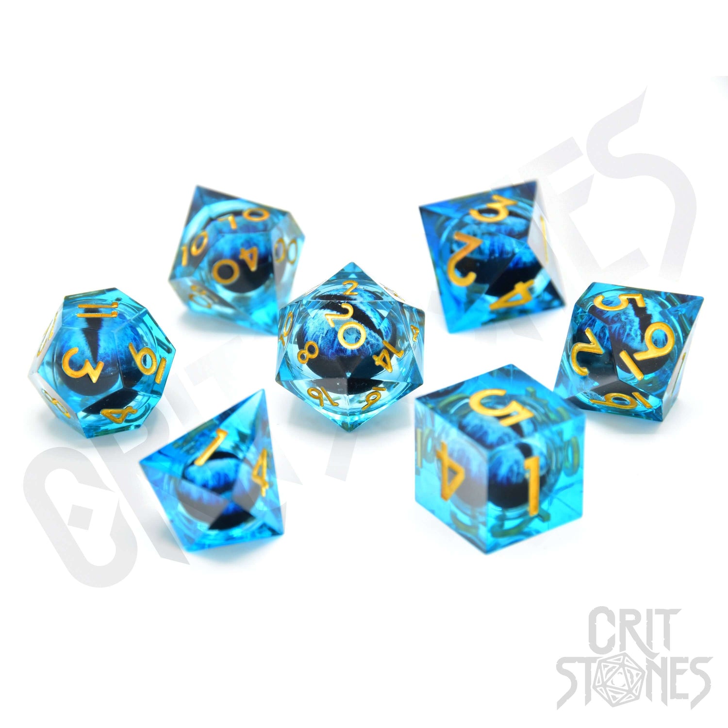 Blue resin RPG dice set with moving eyes, featuring golden numbers, perfect for tabletop gaming and RPG enthusiasts.