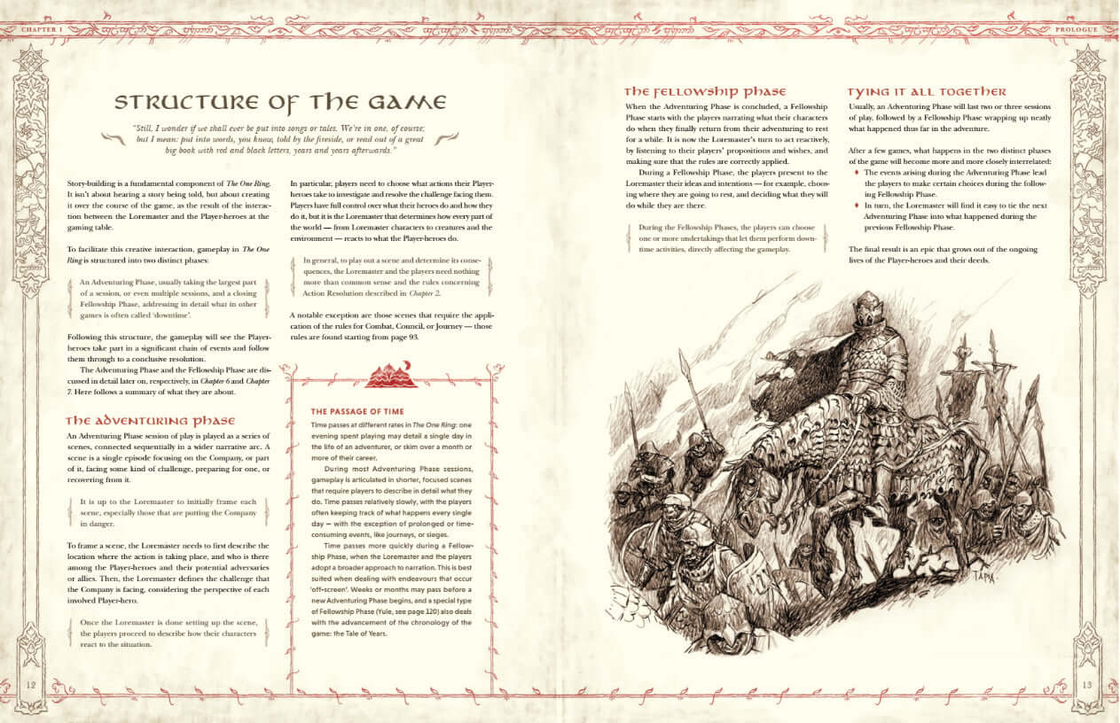 Open pages of The One Ring RPG Core Rulebook detailing game structure and phases, featuring an intricate illustration.