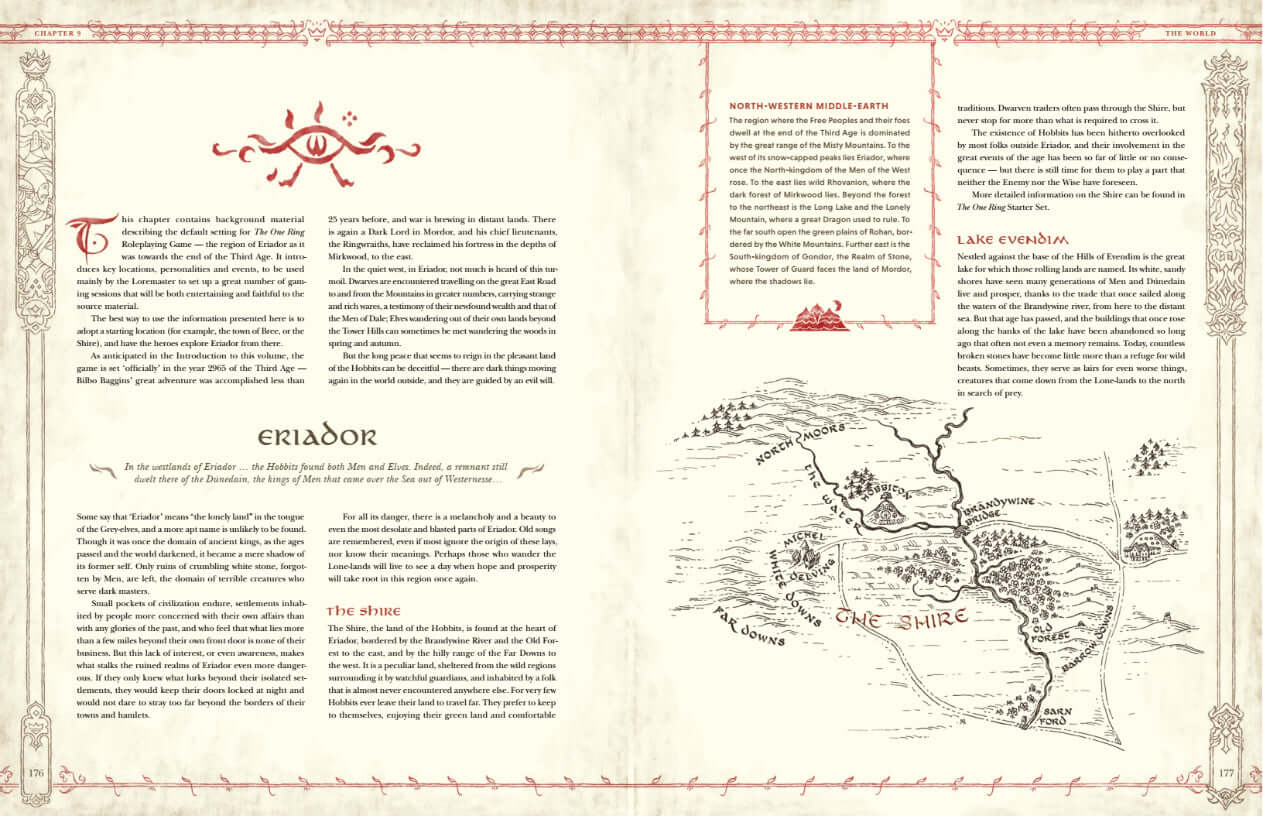 The One Ring RPG Core Rulebook pages with layout featuring Eriador and The Shire maps and background information.