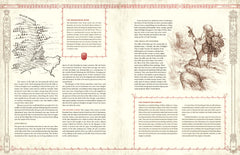 Open pages of The One Ring RPG Core Rulebook featuring maps and illustrations of Middle-earth.