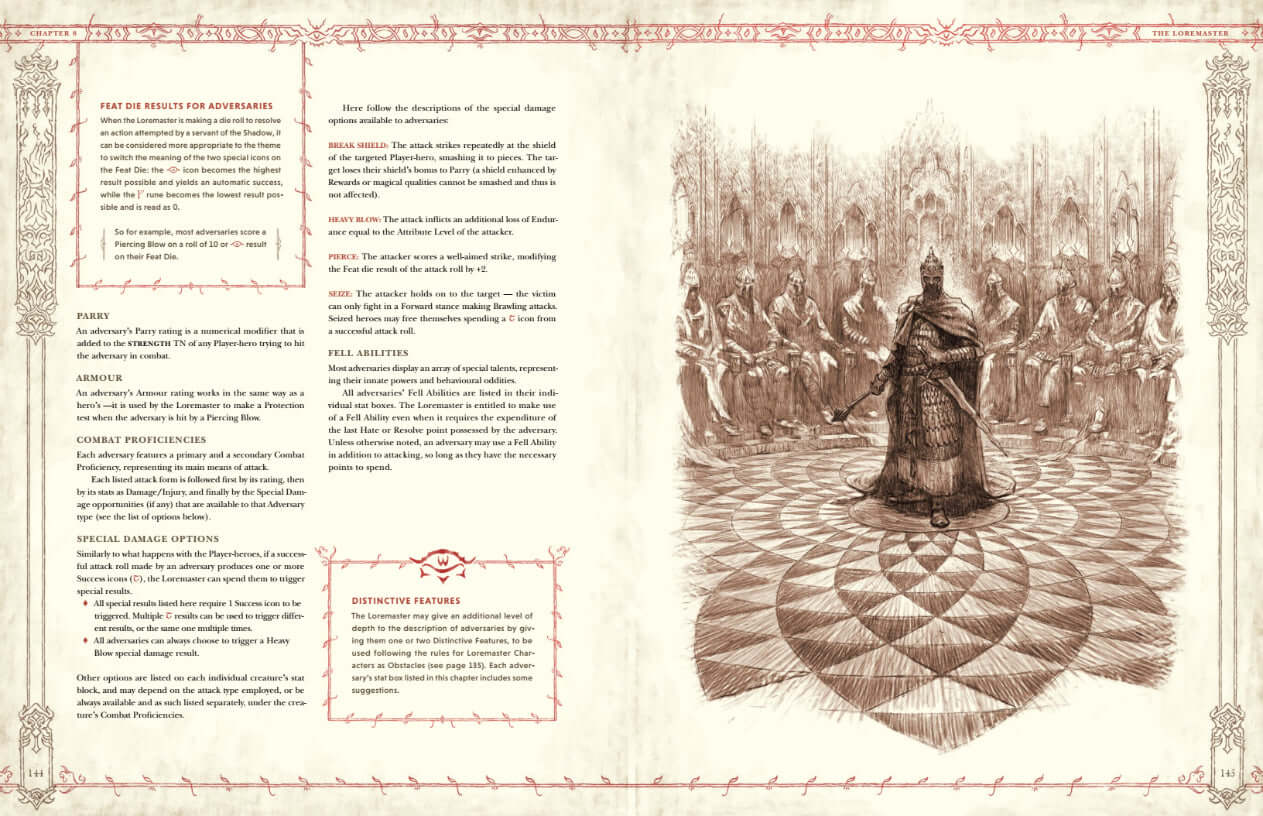 Illustration from The One Ring RPG Core Rulebook featuring a central figure in a throne room surrounded by seated characters.