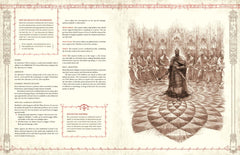 Illustration from The One Ring RPG Core Rulebook featuring a central figure in a throne room surrounded by seated characters.