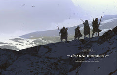 Characters exploring a rugged landscape, featured in The One Ring RPG Core Rulebook Chapter on Characteristics.