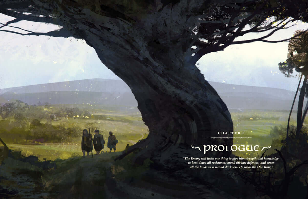 Illustration of characters walking near a large tree in 'The One Ring' RPG Core Rulebook prologue chapter.