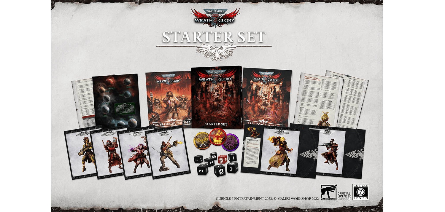 Wrath & Glory RPG Starter Set contents including rulebooks, character sheets, dice, and cards for Warhammer 40K adventures.