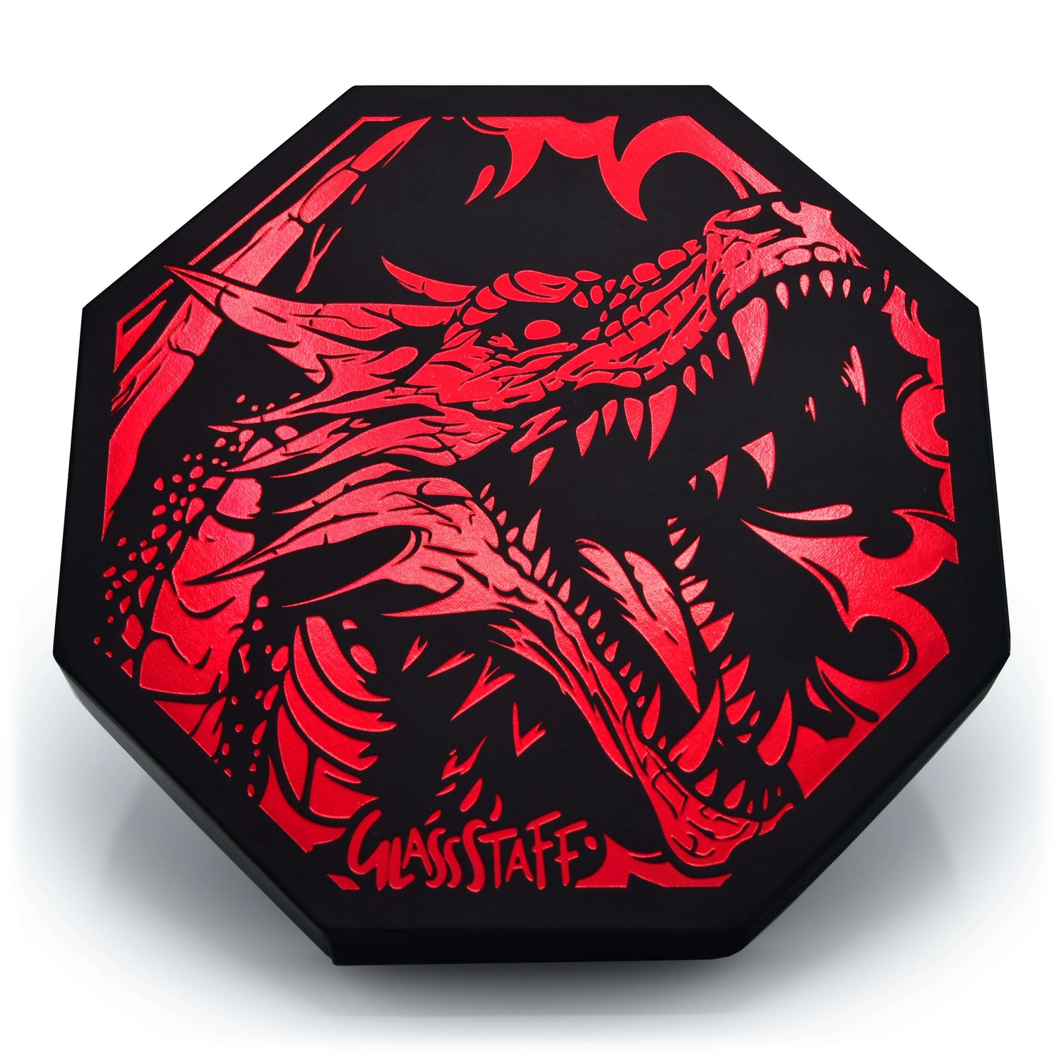 Black and red GlassStaff Dice Arena featuring a dragon design, perfect for protecting up to 14 dice sets.