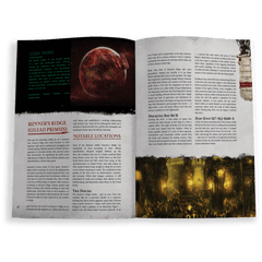 "Open book from Wrath & Glory RPG Starter Set showing pages with text and illustrations from the Warhammer 40K universe."