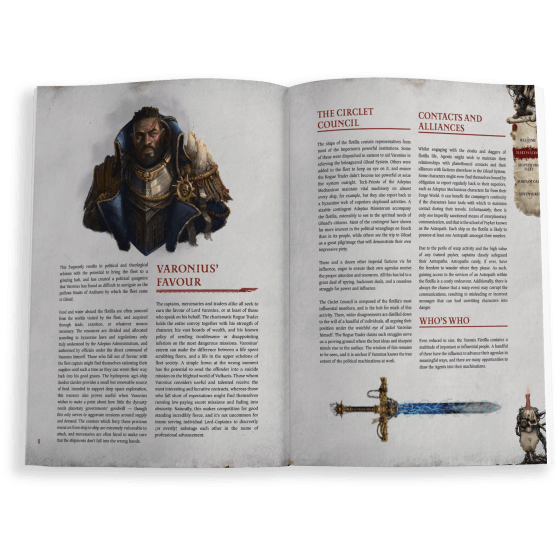 Open book with Warhammer 40K Wrath & Glory RPG content, featuring a warrior illustration and a sword graphic.