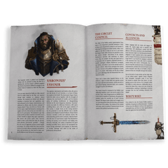 Open book with Warhammer 40K Wrath & Glory RPG content, featuring a warrior illustration and a sword graphic.